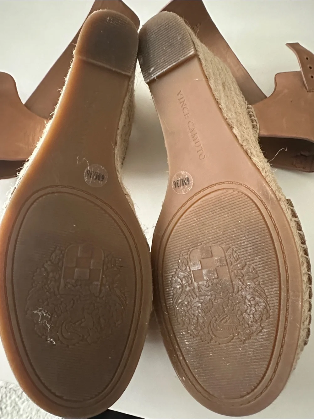 Vince Camuto Tan Leather Wedge Espadrille Sandals with Ankle Buckle